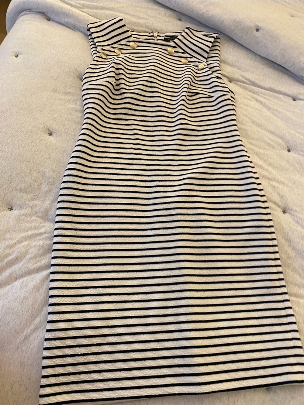 Tommy Hilfiger Navy and White Striped Midi Sheath Dress with Gold Buttons